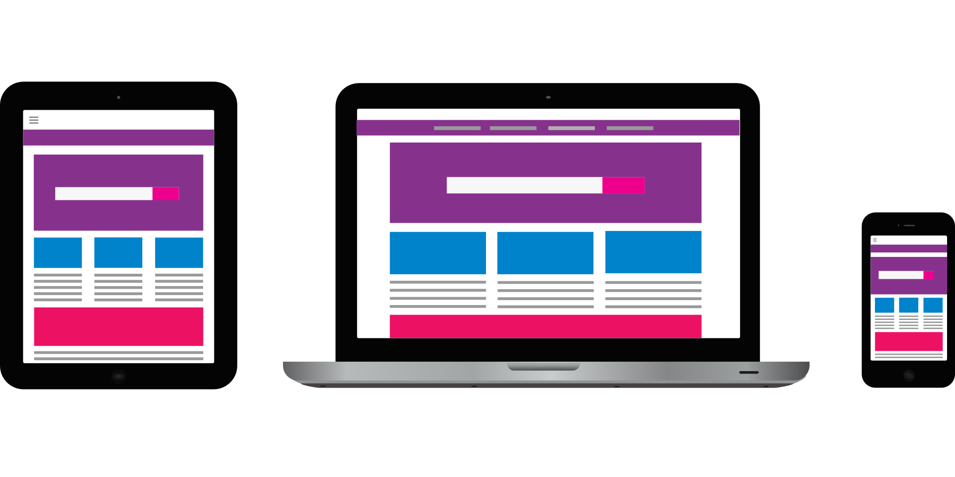 Flutter framework development shown on illustration of mobile, tablet and desktop