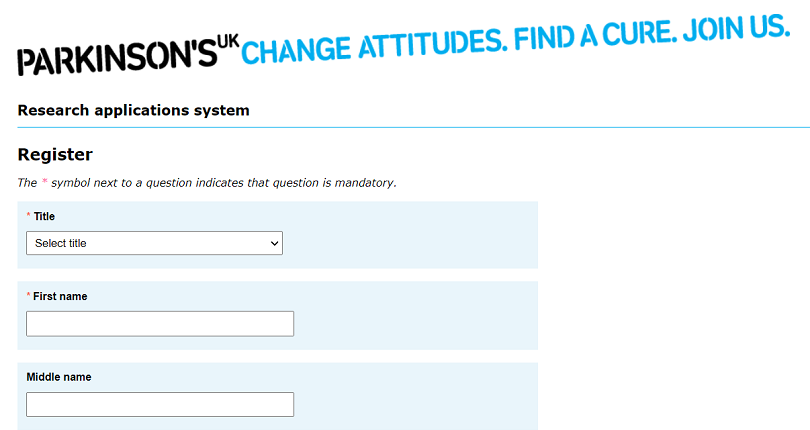 Parkinson's UK register screen built by OWA