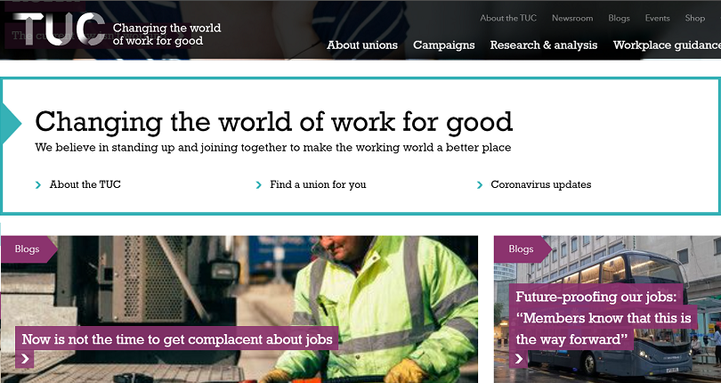 Trades Union Congress – Website home screen built by OWA in Drupal