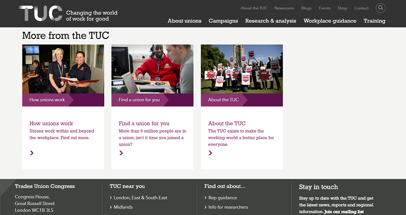 Trades Union Congress website related content block built in Drupal by OWA