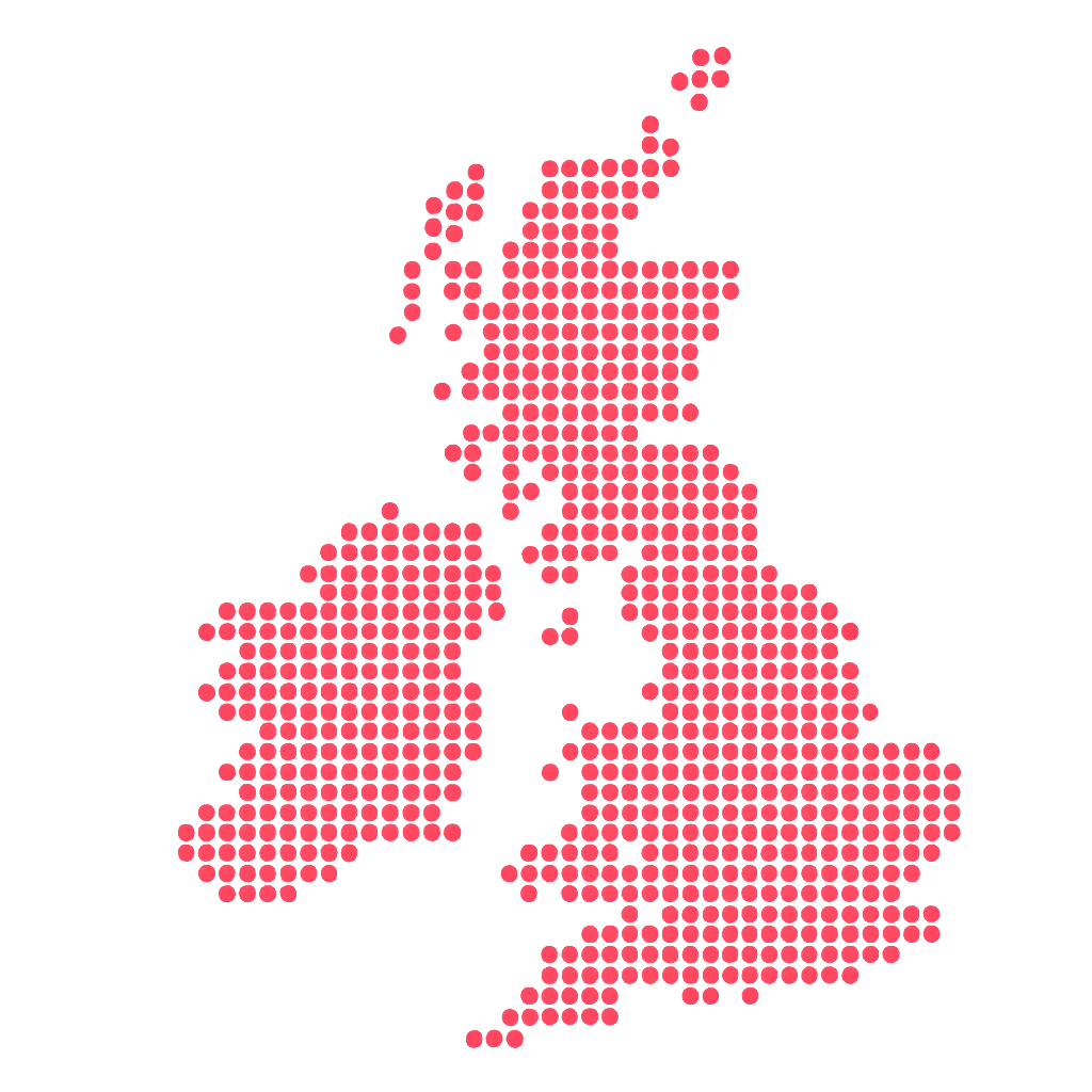 Map of UK and island of Ireland shown in fine red dots
