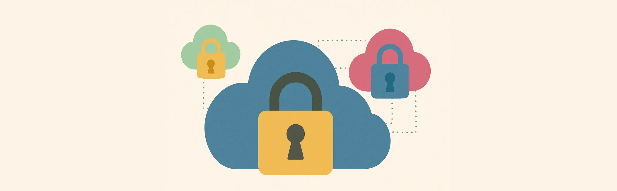 Illustration of three cloud icons interconnected, each with a padlock symbol in front, representing cloud security and data protection.