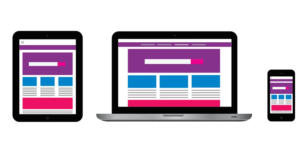A laptop, tablet, and phone display various web pages related to Mobile App Creation