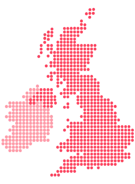 Map of UK and island of Ireland shown in fine red dots