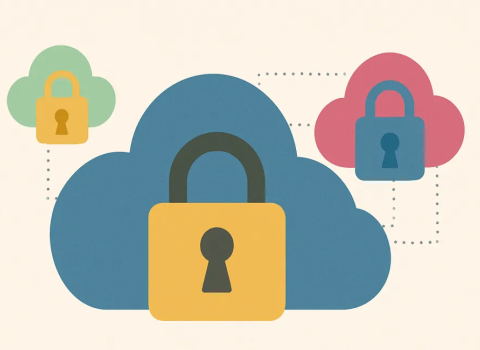 Illustration of three cloud icons interconnected, each with a padlock symbol in front, representing cloud security and data protection.