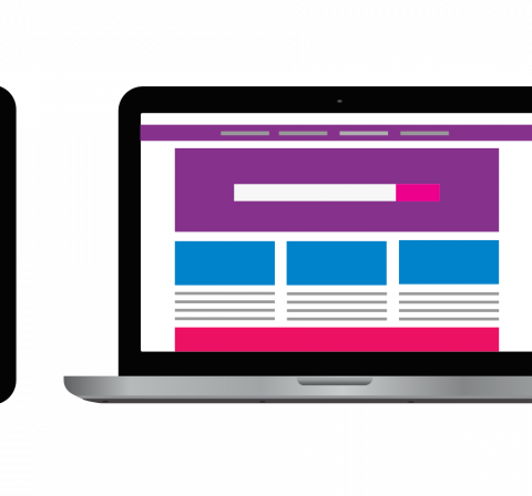 Flutter framework development shown on illustration of mobile, tablet and desktop