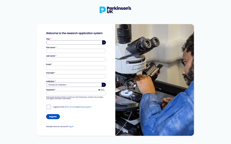 Parkinson's UK website registration page