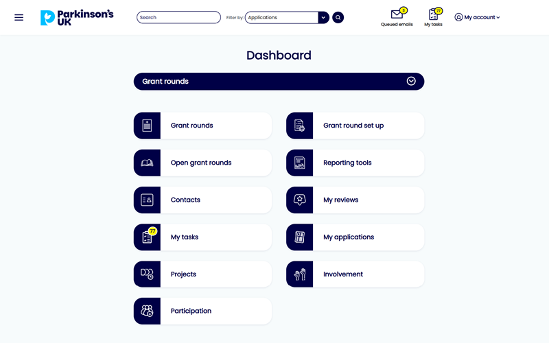 Dashboard of the Parkinson's UK system displaying various items and features for user navigation and information access.