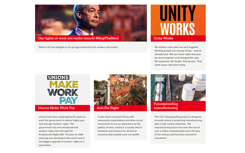 Visual representation of the campaigns displayed on the Trades Union Congress site.