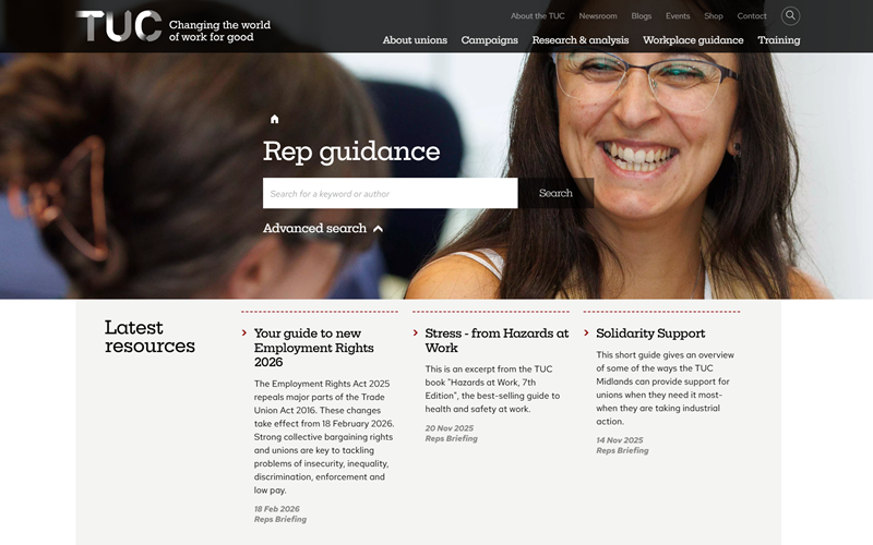 The Trades Union Congress website, showcasing key resources, news, and links for union members and supporters.