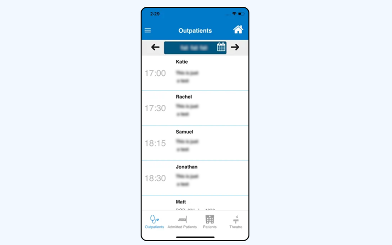 A mobile phone showing a the BUPA app interface with a list of patients