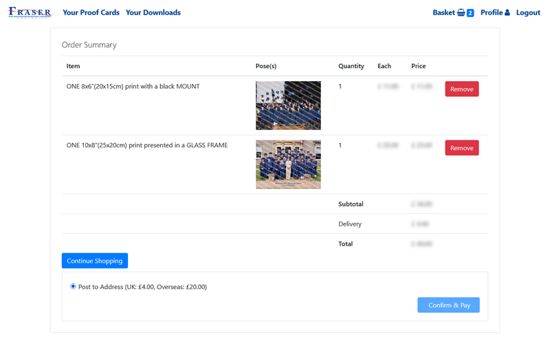 Screenshot of the checkout page on the Fraser Portraits website, displaying payment options and order summary.
