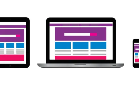 A laptop, tablet, and phone display various web pages related to Mobile App Creation