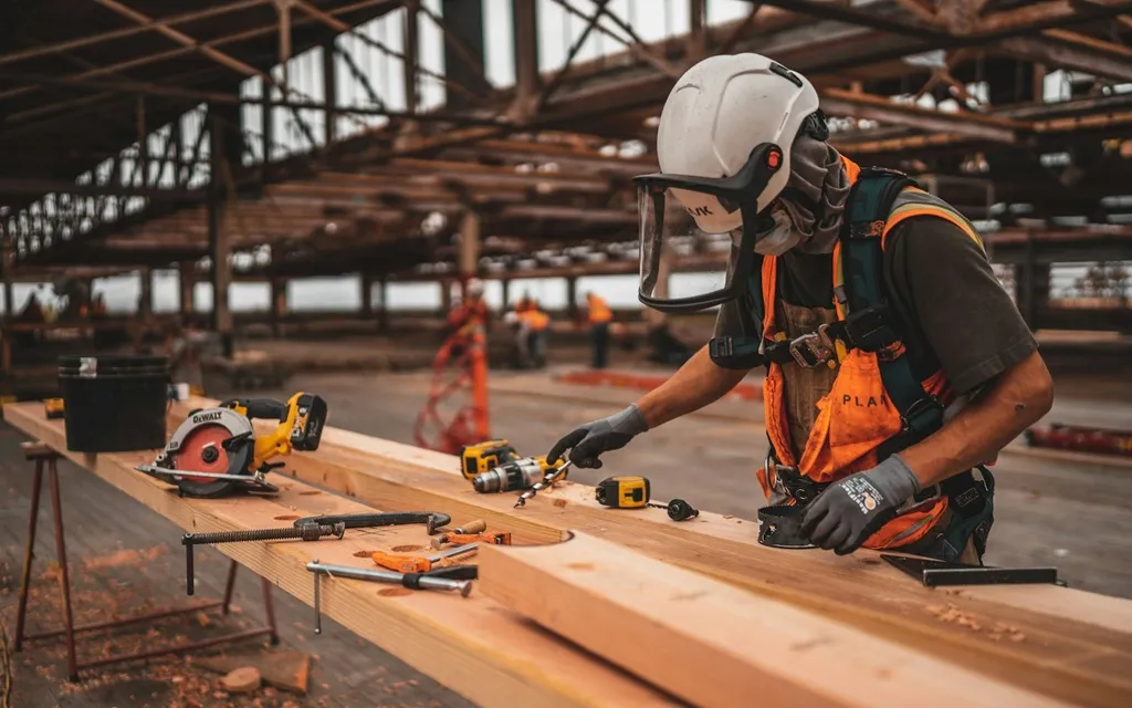 A man using various tools while working on a wooden table in a workshop setting.