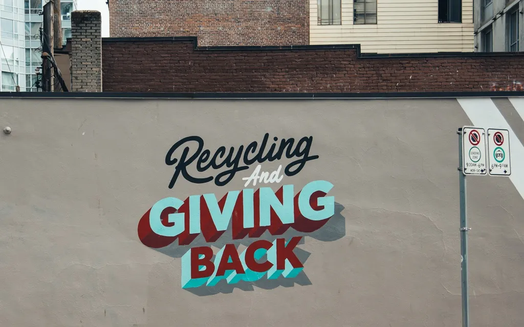 A wall sign displaying the phrases "Recycling" and "Giving Back" to promote sustainability and community support.